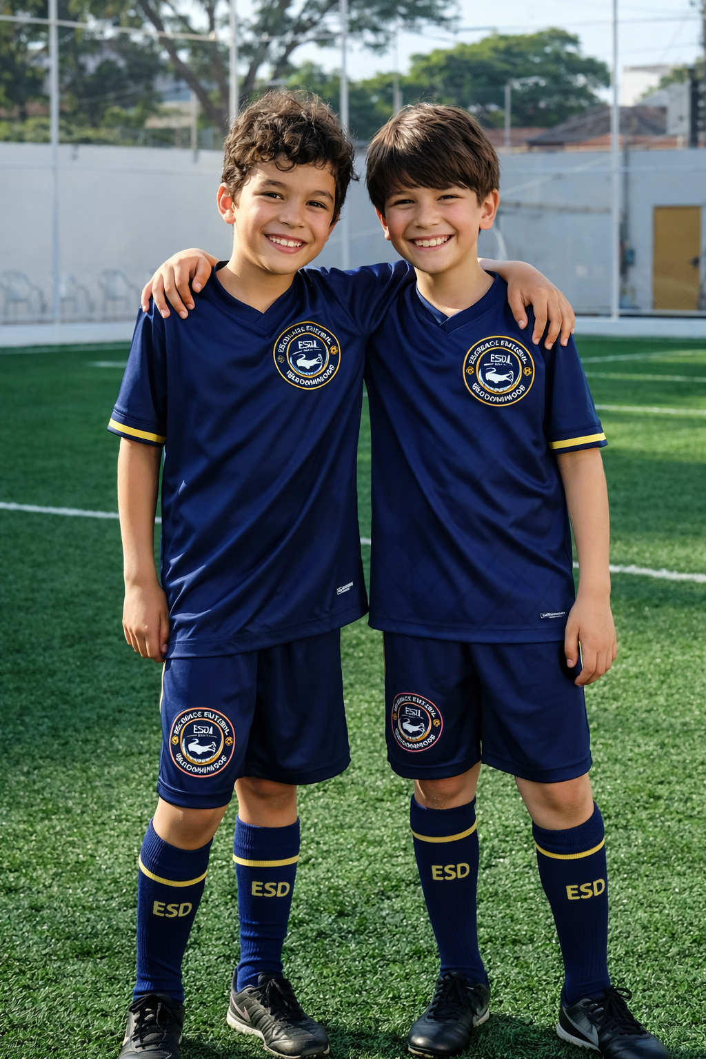 Alunos com uniforme da Escola de Futebol São Domingos